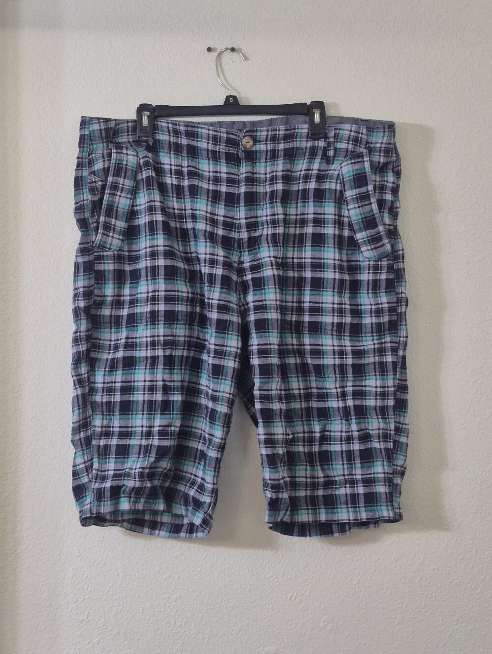 Sean John Plaid Flat Front Shorts - Blue Green Black